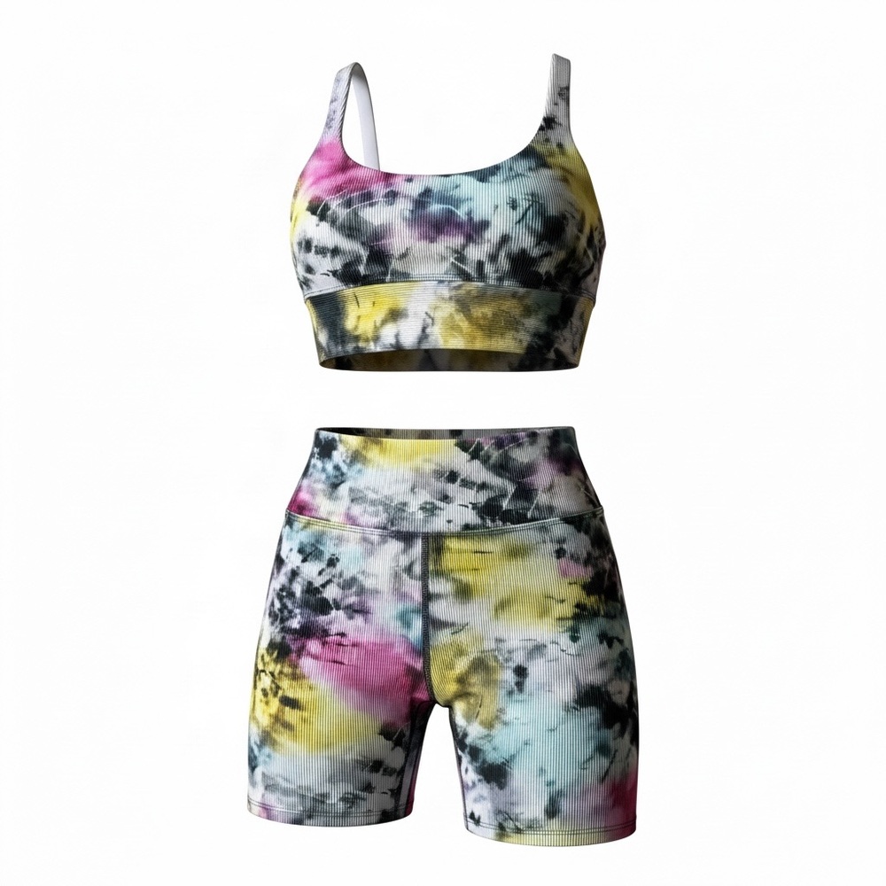 BEACH RIOT‎ Tie Dye Ribbed Workout Set Medium Leah Top & Bike Shorts Multi-Color